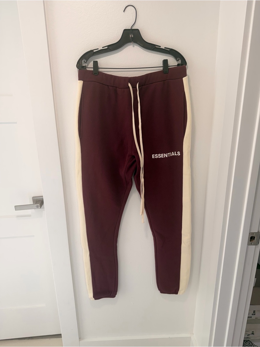 Fear of God Men’s Burgundy Joggers with Cream Side Stripes